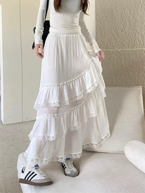 Vintage Lacey Border Irregular Ruffle Side Slit Long Skirts